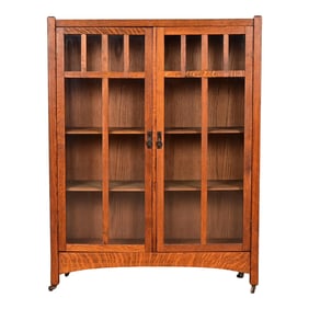 Limbert Style Mission Oak Arts & Crafts Glass Front Double Bookcase Cabinet, Circa 1900