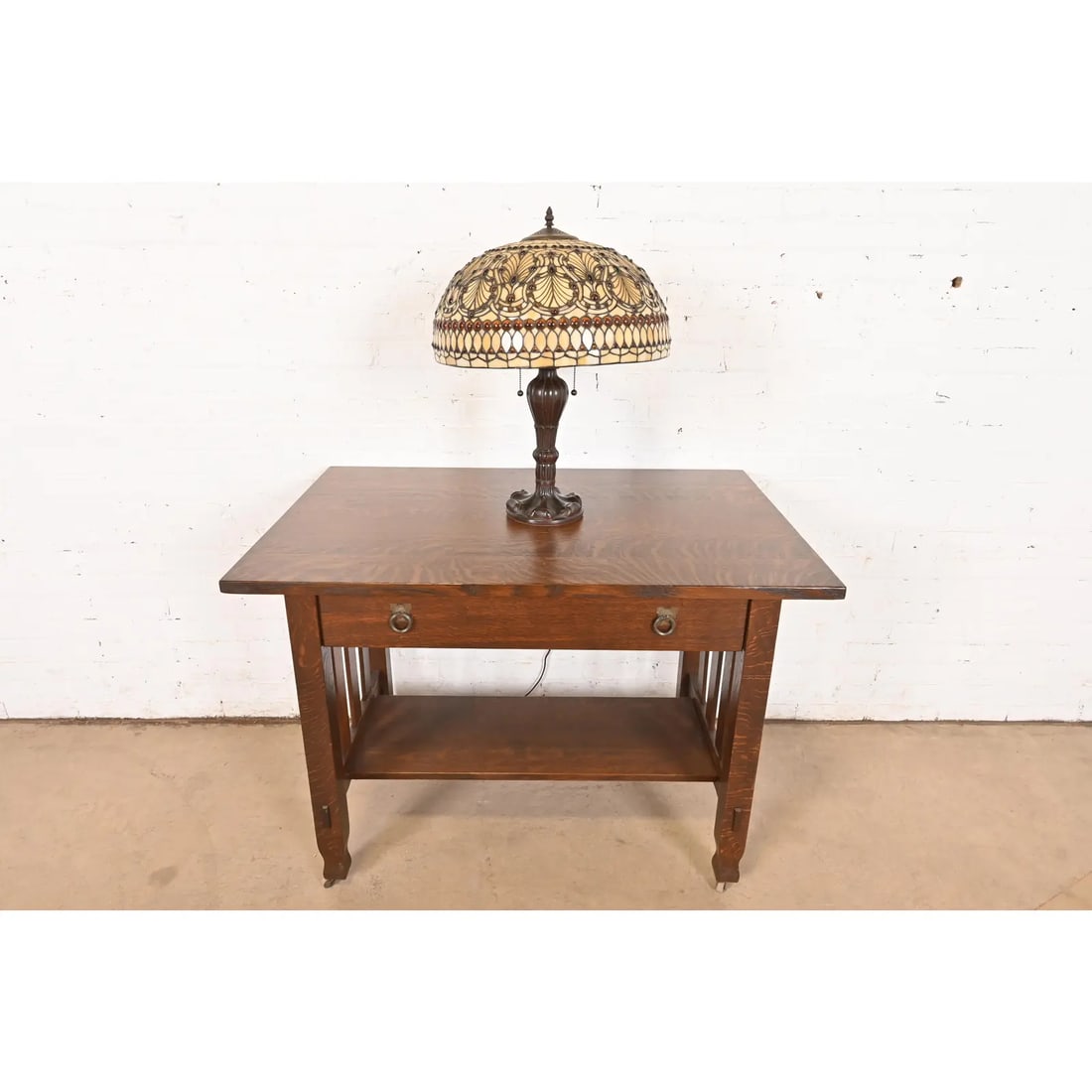 Tiffany Studios Style Arts & Crafts Table Lamp With Jeweled Stained Glass Shade - 11