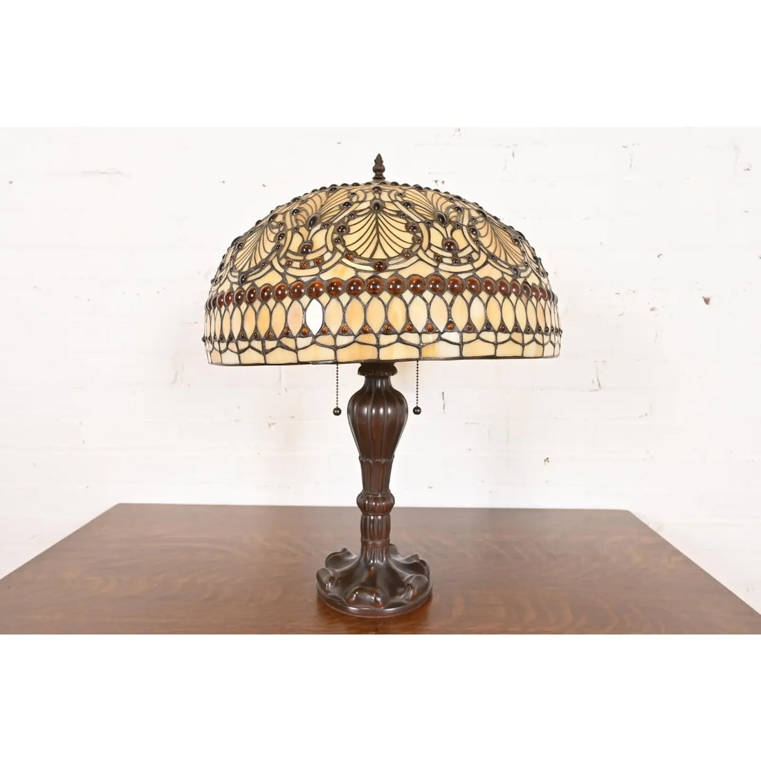 Tiffany Studios Style Arts & Crafts Table Lamp With Jeweled Stained Glass Shade - 12