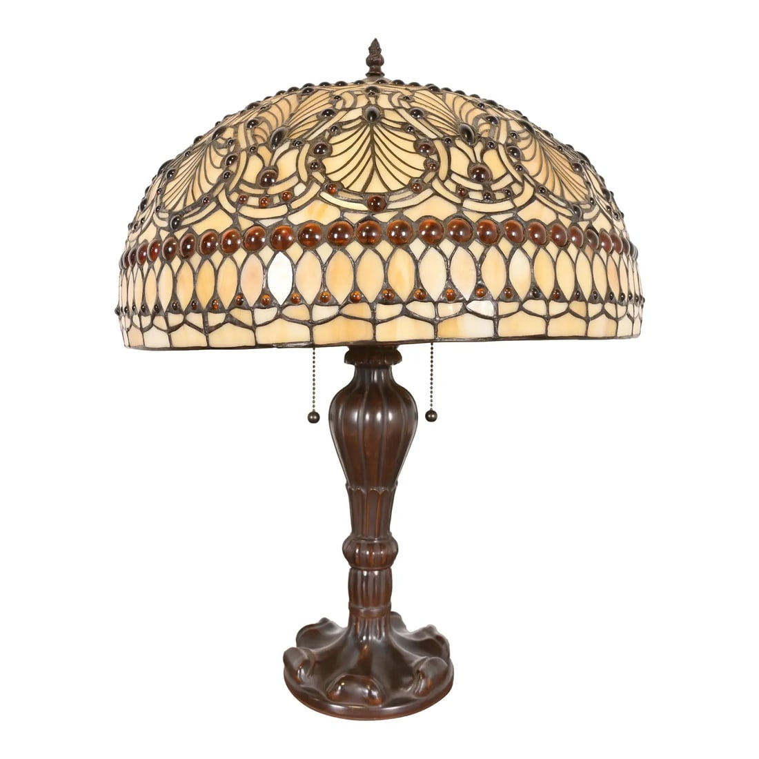 Tiffany Studios Style Arts & Crafts Table Lamp With Jeweled Stained Glass Shade: A gorgeous Arts & Crafts style table lamp with jeweled stained glass shade In the manner of Tiffany Studios USA, Circa Late 20th Century Measures: 17.5"W x 17.5"D x 24"H. Very good original vintage co