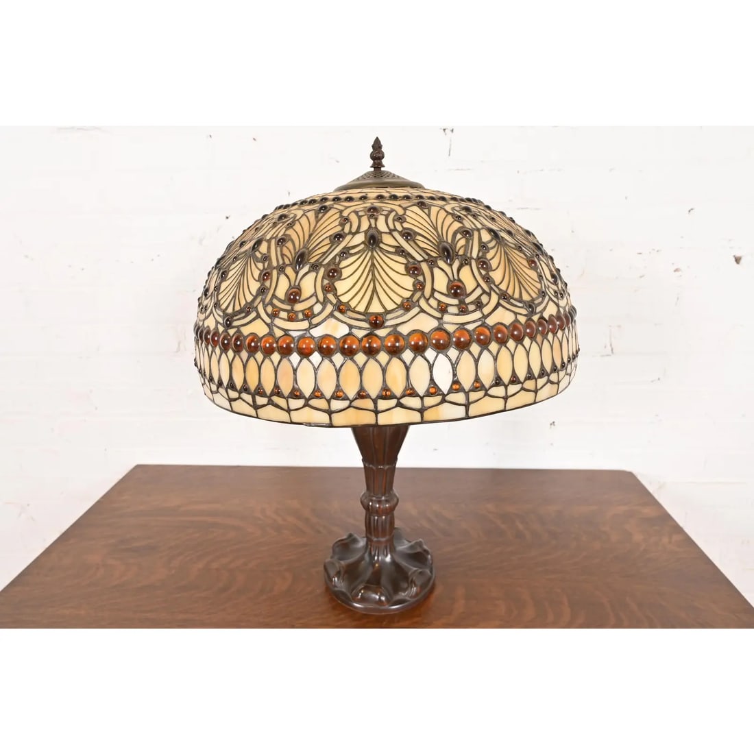 Tiffany Studios Style Arts & Crafts Table Lamp With Jeweled Stained Glass Shade - 2