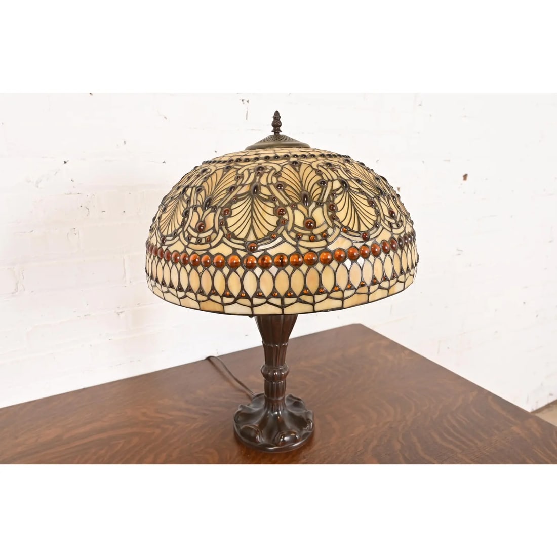 Tiffany Studios Style Arts & Crafts Table Lamp With Jeweled Stained Glass Shade - 4