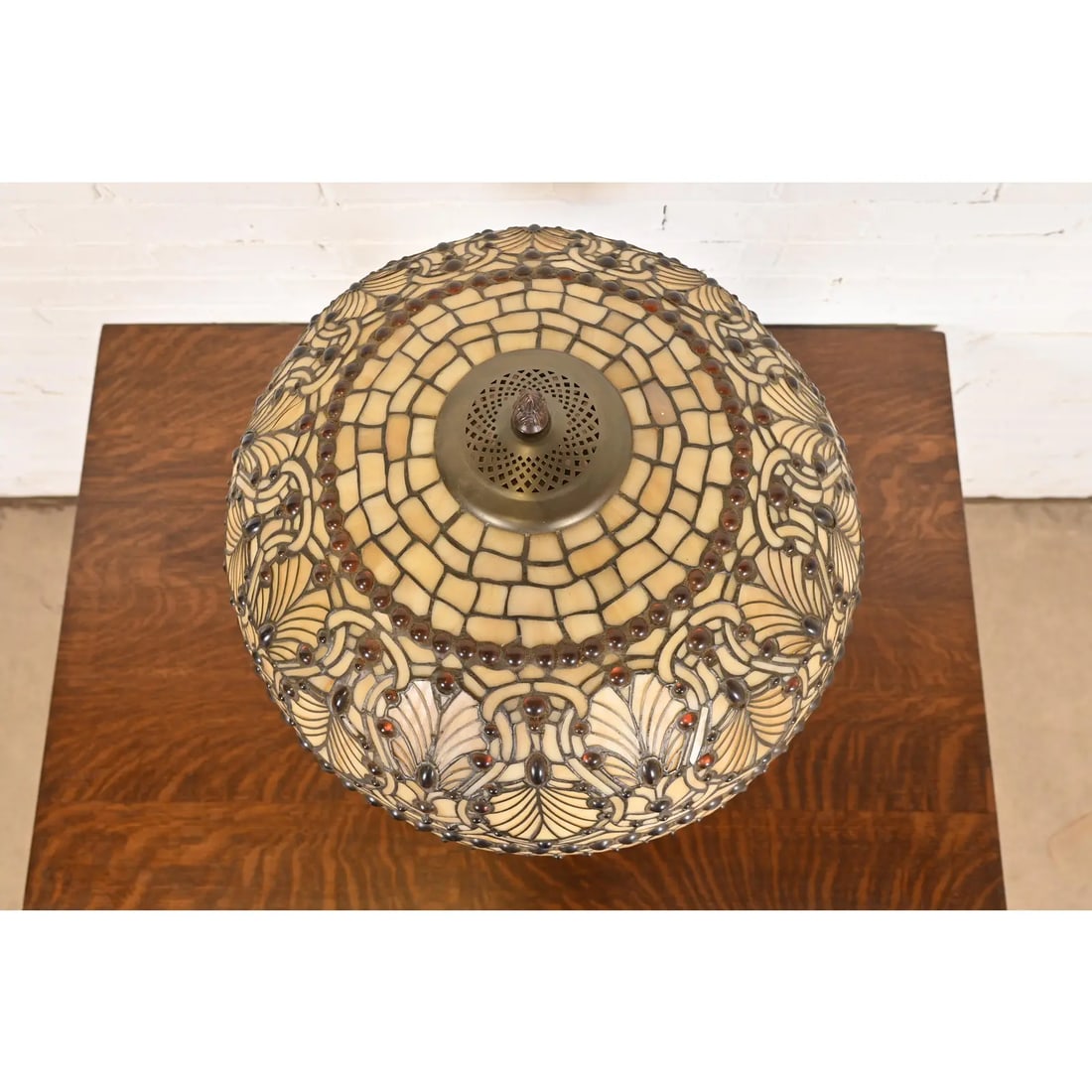 Tiffany Studios Style Arts & Crafts Table Lamp With Jeweled Stained Glass Shade - 6