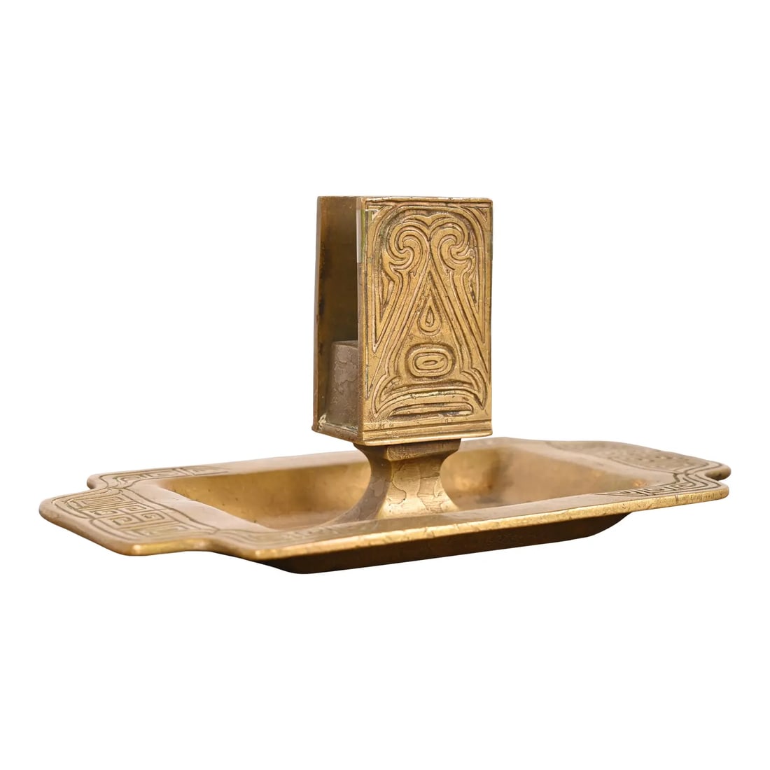 Tiffany Studios New York Chinese Pattern Bronze Doré Ashtray With Match Box Holder (1 of 12)