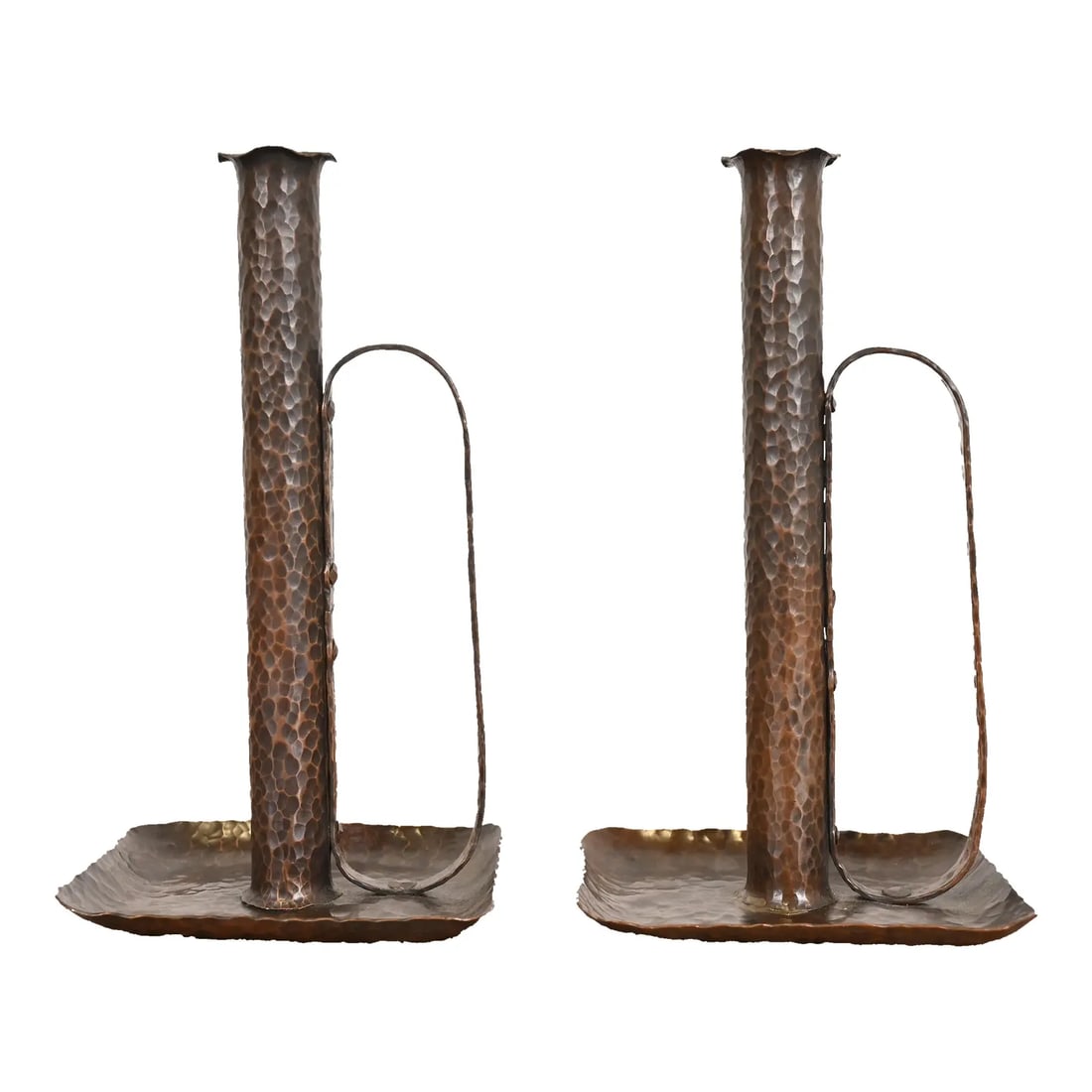 Roycroft Style Arts & Crafts Hammered Copper Handled Candlesticks, Pair (1 of 11)