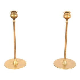 Robert Jarvie Signed Antique Arts & Crafts Turned Brass Tall Candlesticks, Pair
