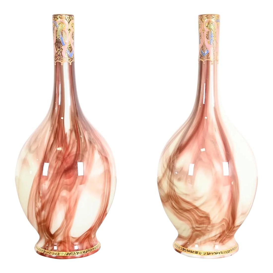 Loetz Art Nouveau Onyx Marbleized Glass Vases, Pair: A gorgeous pair of Art Nouveau period "Onyx" marbleized glass and enamel vases By Loetz Austria, Circa Late 19th Century Each measures: 4.5"W x 4.5"D x 10.5"H. Very good original vintage condition.