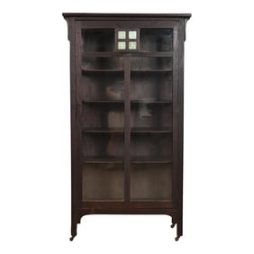 Stickley Brothers Style Antique Mission Oak Arts & Crafts Bookcase Cabinet With Stained Glass