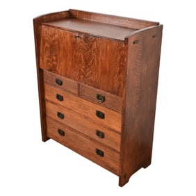 Gustav Stickley Antique Mission Oak Arts & Crafts Drop Front Secretary Desk, Circa 1910