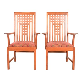 Stickley Mission Arts & Crafts Cherry Wood Armchairs in the Manner of Frank Lloyd Wright, Pair