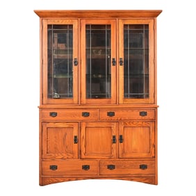 Thomasville Mission Oak Arts & Crafts Lighted Breakfront Bookcase or Display Cabinet