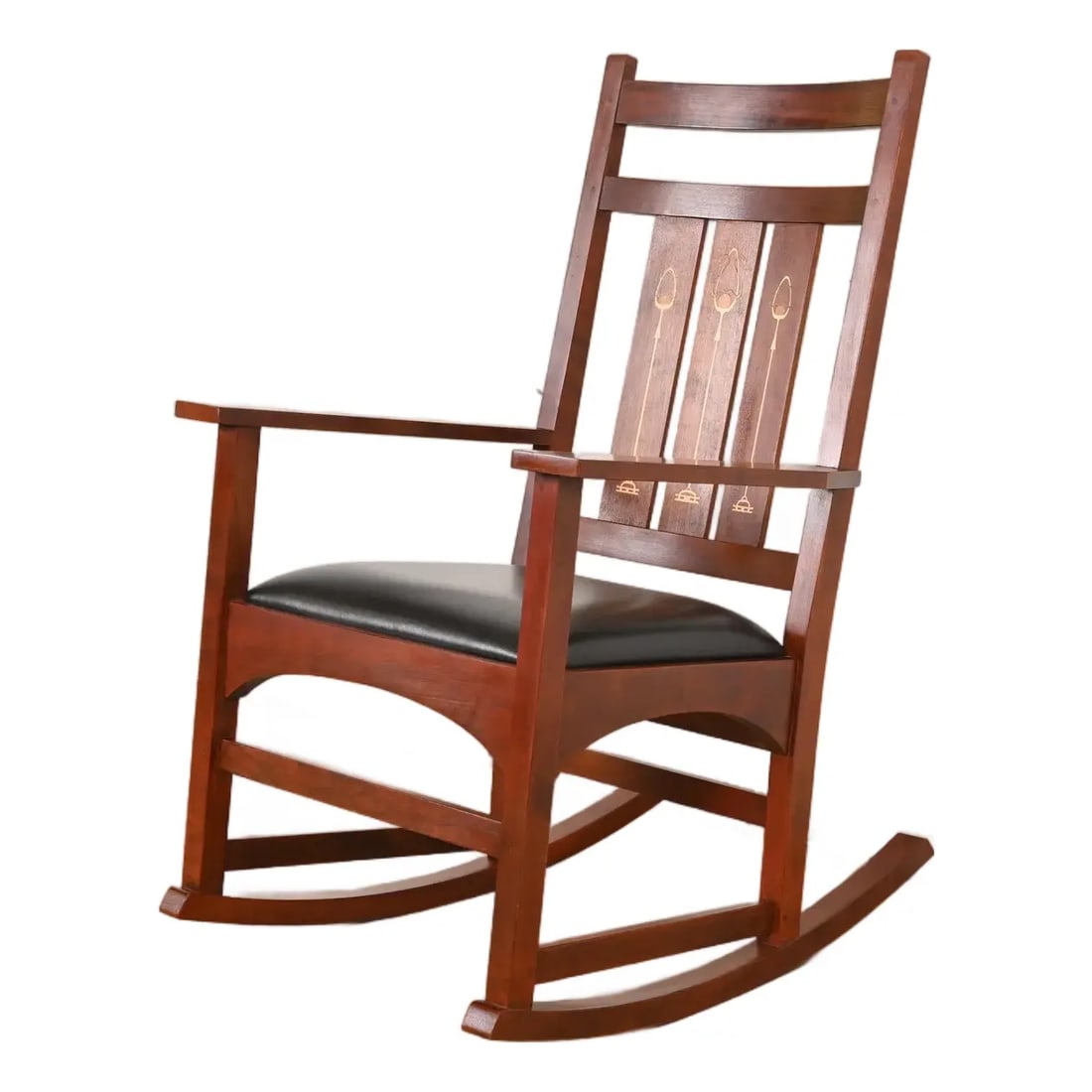 Stickley Harvey Ellis Collection Mission Arts & Crafts Inlaid Cherry Wood and Leather Rocking Chair (1 of 13)