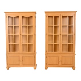 Ethan Allen Arts & Crafts Shaker Maple Lighted Bookcase Cabinets, Pair