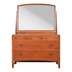 Limbert Antique Mission Oak Arts & Crafts Vanity Dresser With Mirror, Circa 1900