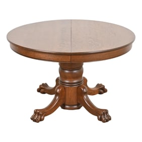 R. J. Horner Style Antique Victorian Oak Pedestal Extension Dining Table With Lion Paw Feet, Newly