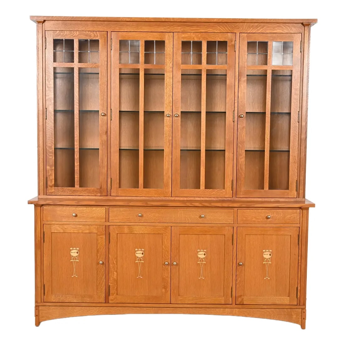 Stickley Harvey Ellis Collection Arts & Crafts Inlaid Oak Lighted Breakfront Bookcase Cabinet: An exceptional Mission or Arts & Crafts style lighted bookcase or display cabinet By L. & J.G. Stickley, "Harvey Ellis Collection" USA, 2014 Solid quarter sawn oak, with inlaid marquetry, leaded glass