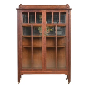 Limbert Style Antique Mission Oak Arts and Crafts Bookcase Cabinet, Circa 1900