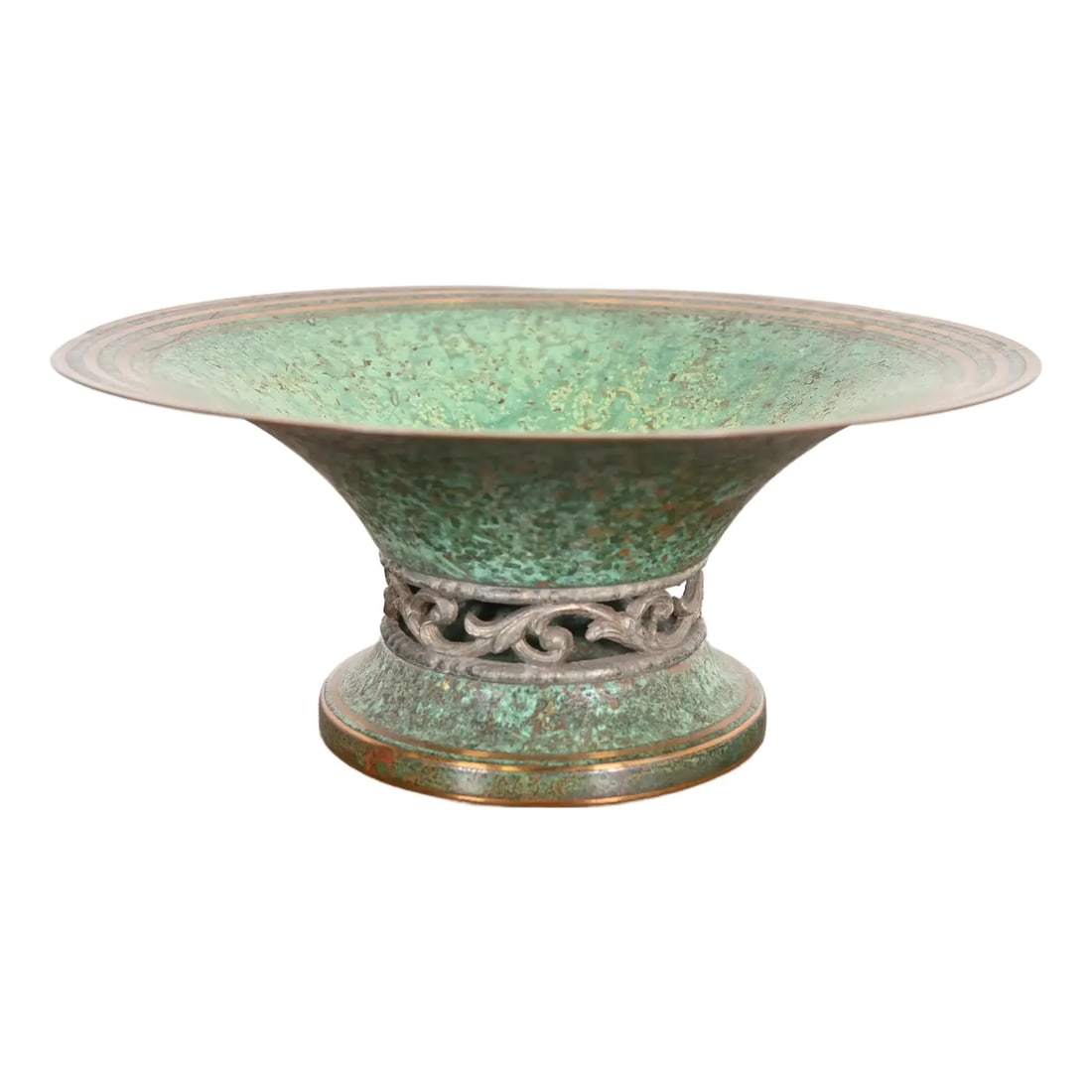 Carl Sorensen Art Deco Verdigris Bronze Footed Centerpiece Bowl or Fruit Bowl: A beautiful Art Deco or Arts & Crafts period verdigris bronze footed centerpiece bowl or fruit bowl By Carl Sorensen USA, Early 20th Century Measures: 9.5"W x 9.5"D x 4"H. Very good original vintage c
