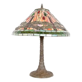 Tiffany Studios Style Arts & Crafts Bronze Table Lamp With Dragonfly Shade