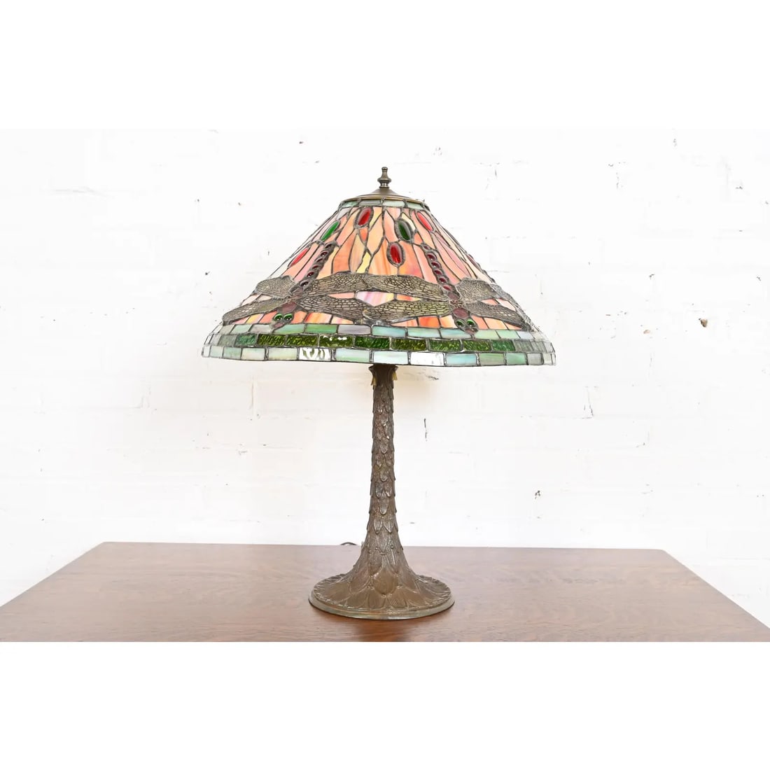 Tiffany Studios Style Arts & Crafts Bronze Table Lamp With Dragonfly Shade - 9