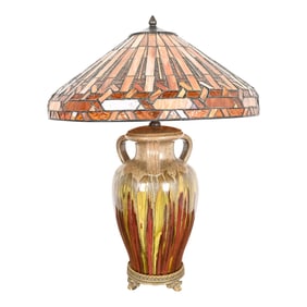 Tiffany Style Arts & Crafts Ceramic Table Lamp With Stained Glass Shade