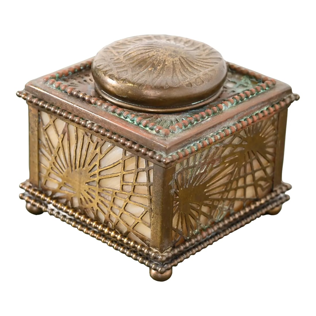 Tiffany Studios New York Pine Needle Bronze Doré and Slag Glass Inkwell (1 of 12)