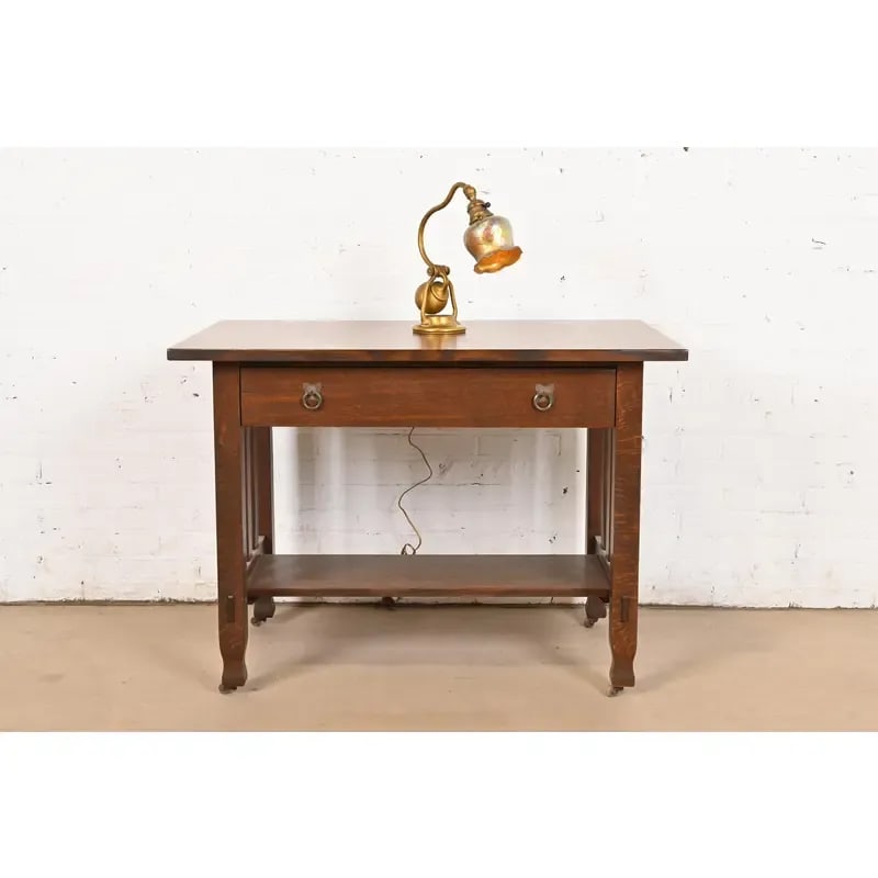 Tiffany Studios New York Bronze Doré Desk Lamp With Favrile Glass Pulled Feather Shade, Circa 1910 - 11