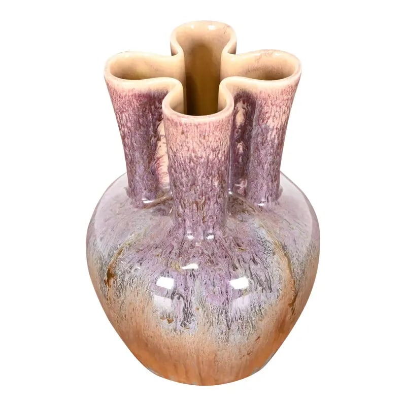 Rookwood Pottery Arts & Crafts Glazed Ceramic Vase, 1951: A gorgeous Arts & Crafts period glazed ceramic art pottery vase By Rookwood Pottery USA, 1951 Glazed ceramic combining orange, turqouise, purple, and pink tones with cream interior. Measures: 5"W x 5"