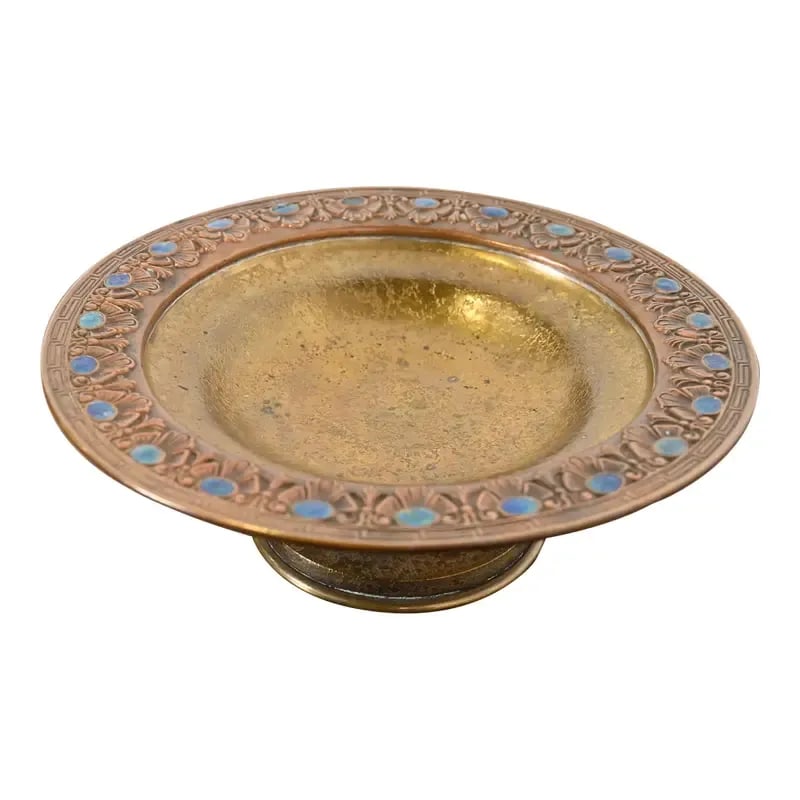 Louis Comfort Tiffany Furnaces Favrile Bronze Doré and Enamel Footed Center Bowl or Tazza (1 of 9)