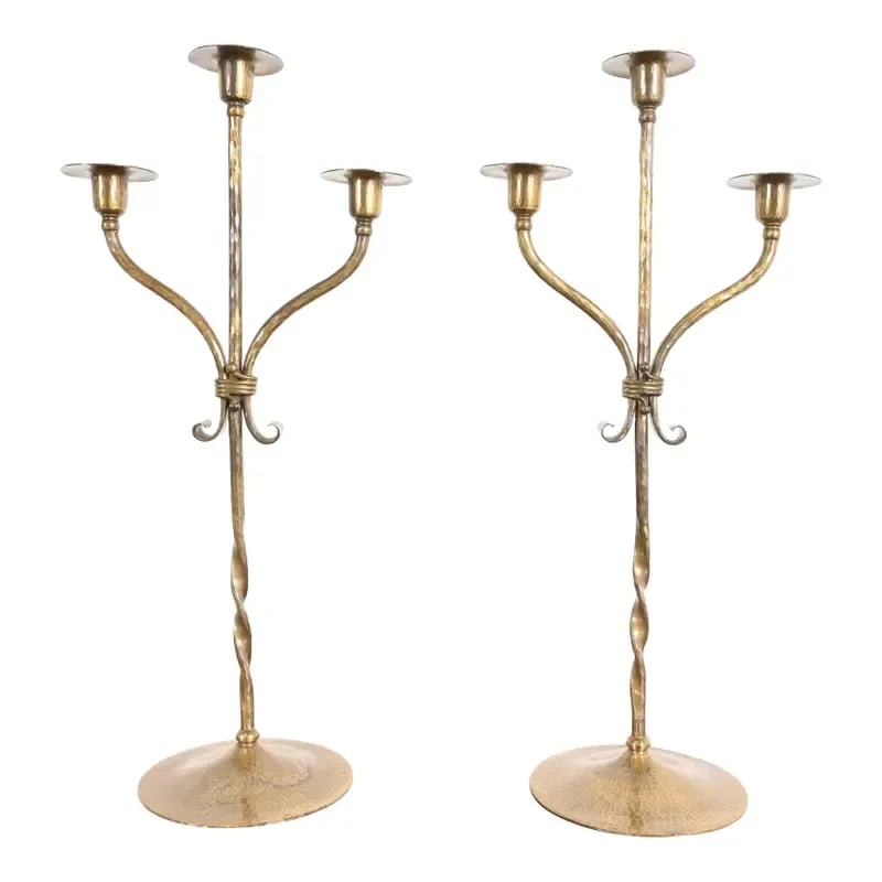 Roycroft Arts & Crafts Brass Finished Hammered Copper Candelabras, Pair: A gorgeous pair of Arts & Crafts period brass finished hand hammered copper candelabras By Roycroft (signed with impressed orb and cross mark) USA, Early 20th Century Each measures: 9.5"W x 6.25"D x 2