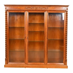 R. J. Horner Style Antique Victorian Carved Oak Lighted Triple Bookcase or Display Cabinet