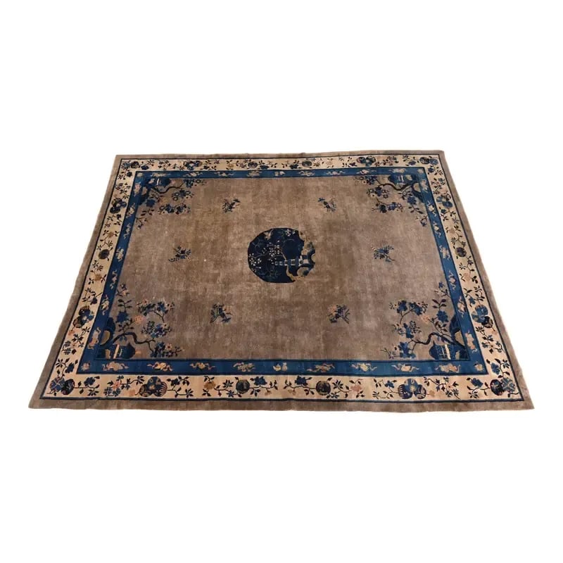 Antique Chinese Art Deco Hand-Knotted Room Size Wool Rug, Circa 1920s: A beautiful antique hand-knotted Chinese Art Deco large room size wool area rugChina, Circa 1920sGray field, with blue and gray border and nice floral design with a pagoda in the center