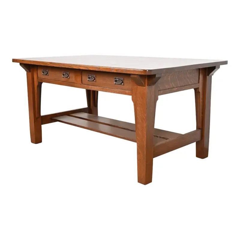 Antique Stickley Brothers Mission Oak Arts & Crafts Desk or Library Table, Newly Restored: An exceptional antique Mission or Arts & Crafts writing desk or library tableBy Stickley BrothersUSA, Circa 1900Solid quarter sawn oak, with hammered copper hardware.Measures: 60"W x 36"D x