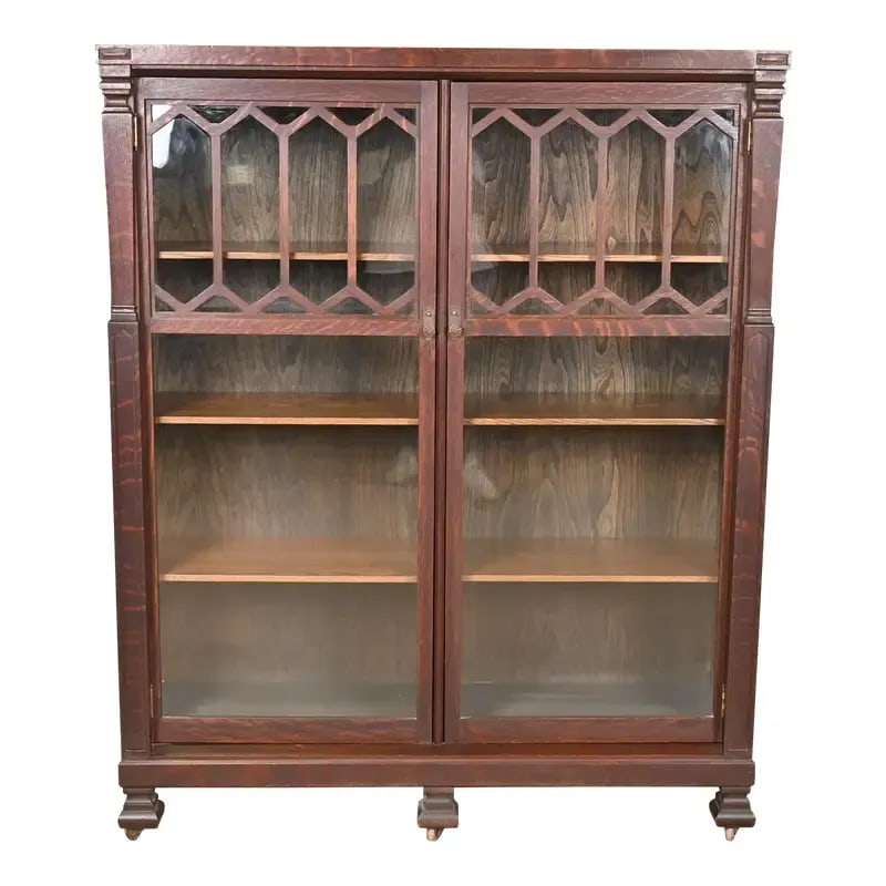Antique Arts & Crafts Carved Oak Glass Front Double Bookcase, Circa 1900 (1 of 12)