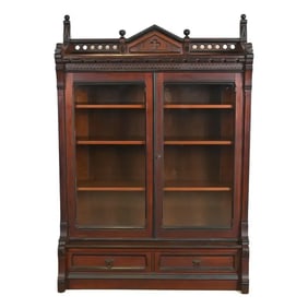 Herter Brothers Style Antique Eastlake Victorian Carved Walnut Bookcase, Circa 1880s