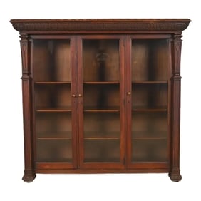 R. J. Horner Style American Empire Carved Oak Glass Front Triple Bookcase Cabinet, Circa 1890