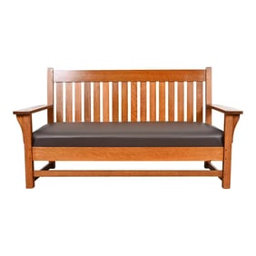 L. & J. G. Stickley Antique Mission Oak Arts & Crafts Open Arm Settee or Loveseat, Circa 1900