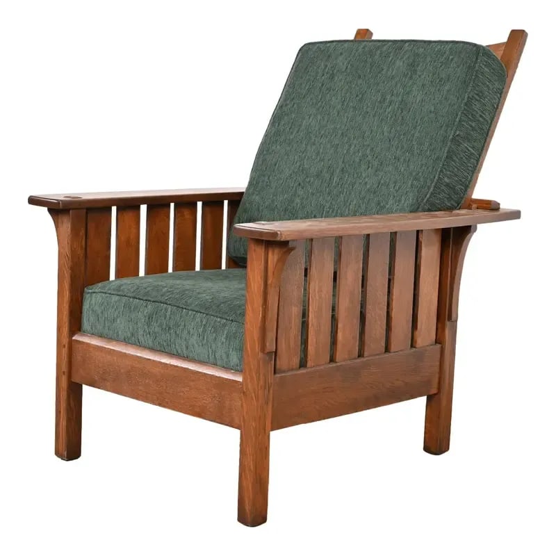L. & J. G. Stickley Antique Mission Oak Arts & Crafts Reclining Morris Lounge Chair: An exceptional antique Mission or Arts & Crafts period Morris reclining lounge chair By L. & J.G. Stickley USA, Circa 1900 Solid quarter sawn oak frame, with upholstered seat and back cushions. Measur