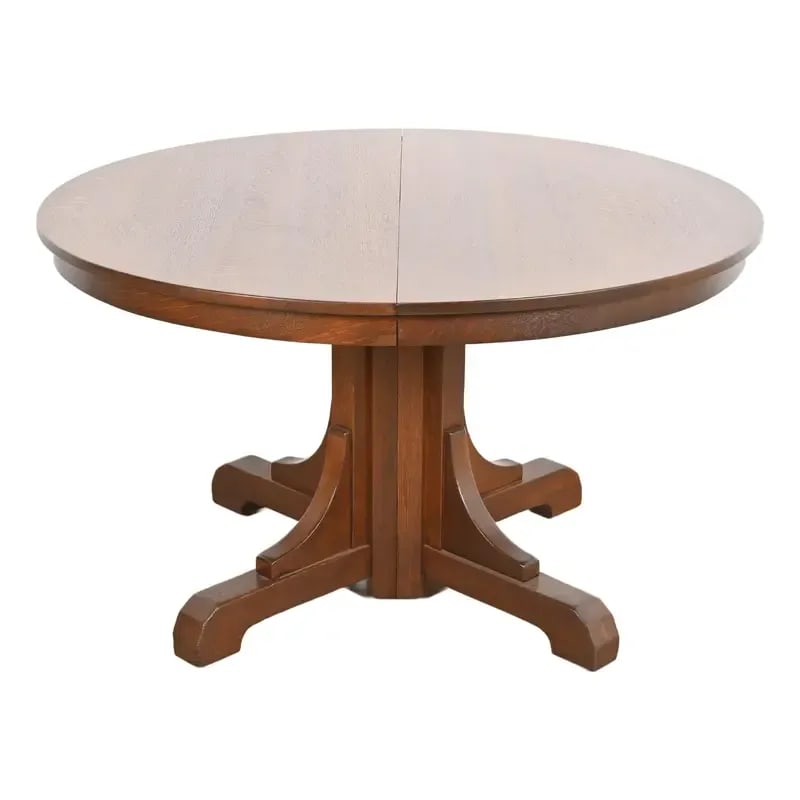 Gustav Stickley Antique Mission Oak Arts & Crafts Pedestal Extension Dining Table, Newly Refinished (1 of 11)