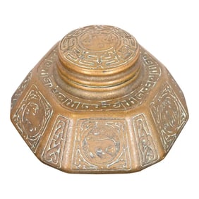 Tiffany Studios New York 'Zodiac' Bronze Doré Large Inkwell