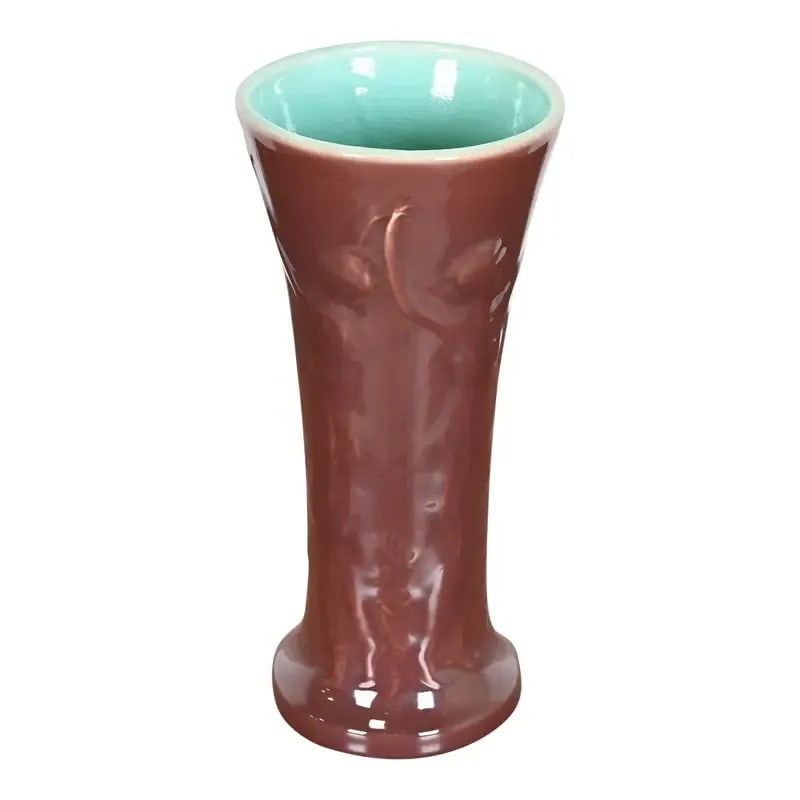 Rookwood Pottery Louise Abel Arts & Crafts Large Glazed Ceramic Vase With Dancing Women, 1921: A gorgeous Arts & Crafts large trumpet form glazed art pottery vase with dancing women motif By Louise Abel for Rookwood Pottery USA, 1921 Glazed ceramic in a beautiful maroon color with turquoise int