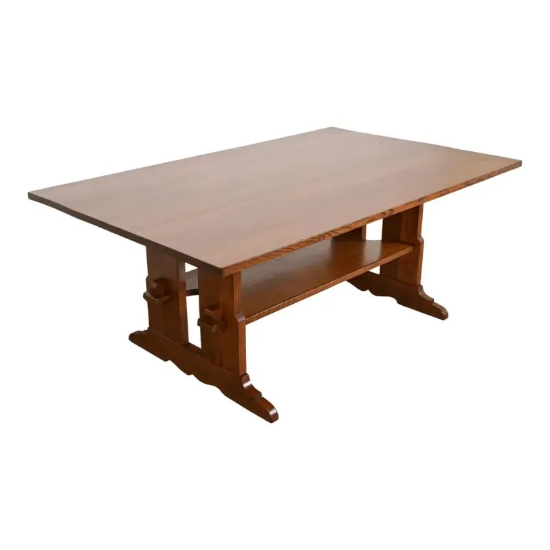 L. & J. G. Stickley Antique Mission Oak Arts & Crafts Trestle Dining Table or Library Table, Newly (1 of 10)