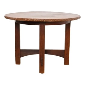Gustav Stickley Antique Mission Oak Arts & Crafts Leather Top Center Table or Breakfast Table