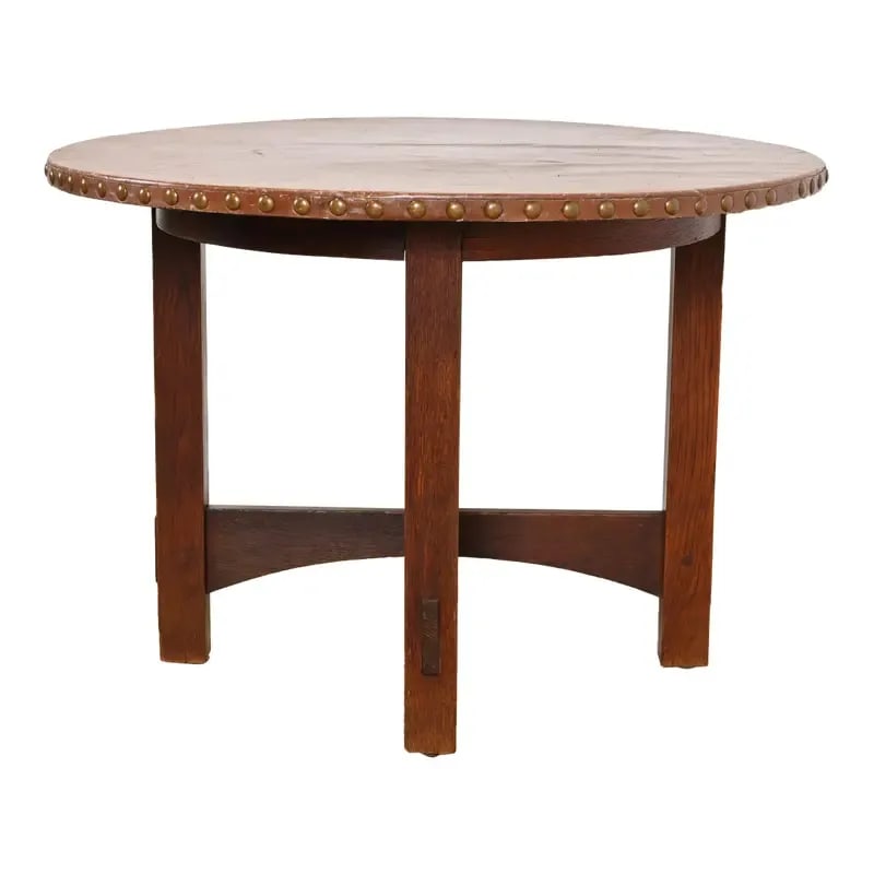 Gustav Stickley Antique Mission Oak Arts & Crafts Leather Top Center Table or Breakfast Table (1 of 12)