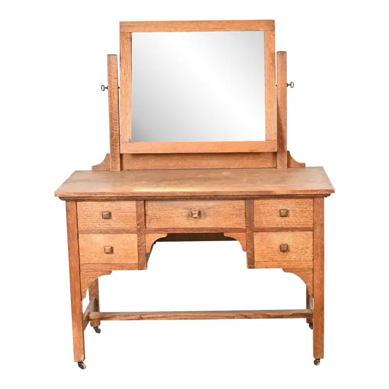 Gustav Stickley Style Mission Oak Arts & Crafts Dressing Table With Mirror and Chair, Circa 1900: A gorgeous antique Mission or Arts & Crafts vanity or dressing table with mirror and sitting chair In the manner of Gustav Stickley USA, Circa 1900 Beautiful quarter sawn oak, with beveled mirror. Mea