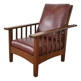 Stickley Brothers Style Antique Mission Oak Arts & Crafts Reclining Morris Lounge Chair, Circa 1900