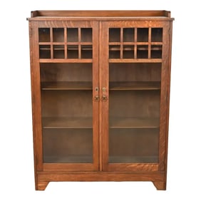 Lifetime Furniture Mission Oak Arts & Crafts Glass Front Double Bookcase Cabinet, Circa 1900