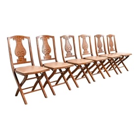 Antique Arts & Crafts Carved Oak Lyre Back Folding Dining Chairs by Phoenix Chair Co., Set of Six