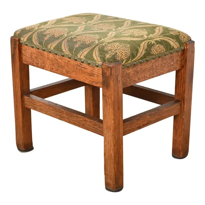 Stickley Brothers Style Mission Oak Arts & Crafts Upholstered Footstool or Ottoman, Circa 1900 (1 of 9)