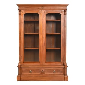 Herter Brothers Style Antique Eastlake Victorian Carved Walnut Glass Front Bookcase, Circa 1880s